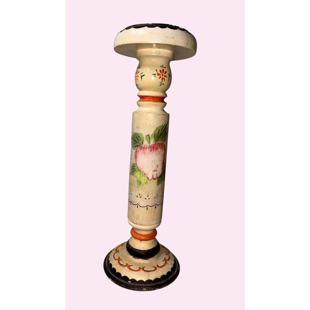 Hand-Painted rustic Wooden Pillar Candle Holder Floral Fruit folk art farmhouse